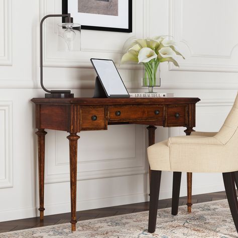 Perfect for working from home, penning thank you notes, or going over household finances, this beautiful writing desk is a lovely addition to your study, living room, or master suite. Nancy Meyers Office, Home Office Dark Wood, Antique Desk Office, Victorian Writing Desk, Cherry Desk, Household Finances, Vintage Writing Desk, Desk Brown, Antique Writing Desk