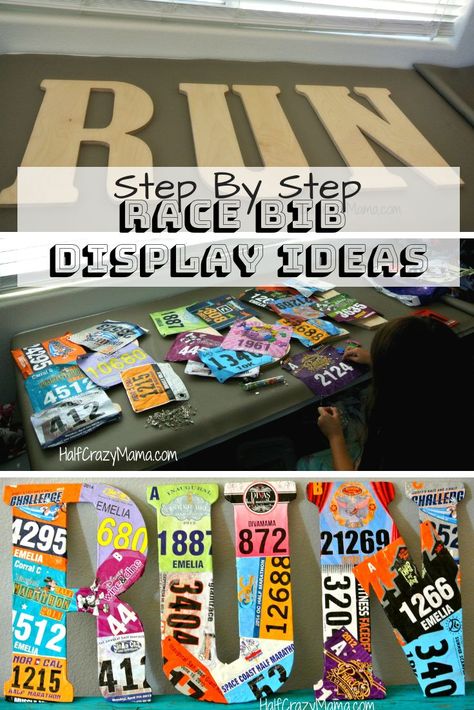 Displaying Race Bibs And Medals, Race Medal And Bib Display Ideas, Runner Bib Display, Race Bib Display Diy, Medals Display Ideas, Running Bib Display, Gymnastics Medal Display, Race Bib Display, Bib Ideas