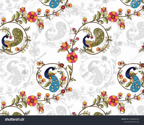 Kalamkari Peacock Flower Vine Designtextile Allover Stock Vector (Royalty Free) 2441683215 | Shutterstock Kalamkari Allover, Kalamkari Peacock, Peacock With Flowers, Kalamkari Pattern, Mughal Pattern, Kalamkari Art, Flower Allover, Peacock Flower, Kalamkari Painting