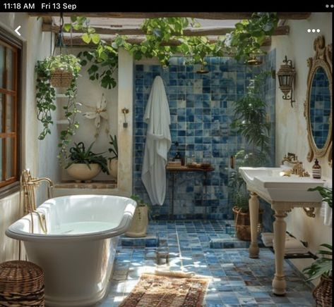 Mediterranean Guest Bathroom, Mediterranean Art Deco, Sea Blue Bathroom, Mediterranean Interior Design Bathroom, Bathroom With Skylight Ideas, Bathroom Blue Accents, Turkish Tiles Bathroom, Ocean Bathroom Aesthetic, Light Blue Tile Bathroom Ideas