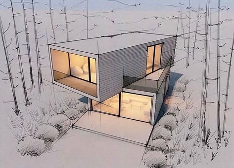 Falling Water House, Perspective Drawing Architecture, Apartment Floor Plans, House Sketch, Modern Architecture House, Architecture Plan, Container House, Architecture Drawing, Modern Architecture