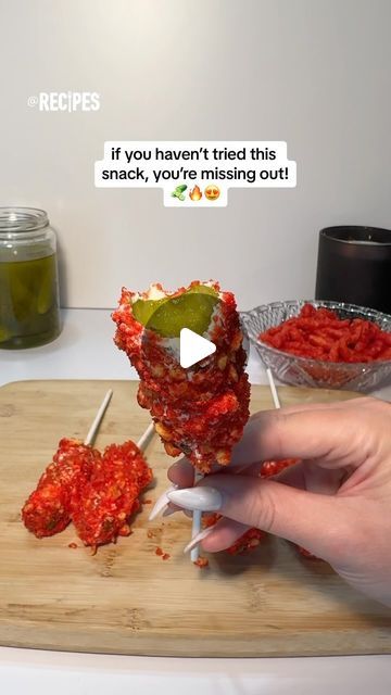 Recipes on Instagram: "Savory, briny, & spicy!🔥 Elevate your snack game with these VIRAL Flaming Hot Cheeto Pickles!🥒🌶️ Send this to your bestie who would LOVE these!😍 inspo: @tashaliana #hotcheetos #flaminghot #hot #flaming #cheetos #pickles #pickle #creamcheese #picklegirls #snack #idea #flavors #spicy #savory #salty #briny #yummy #delicious #viral #trend #foodtrend #snacktrend #snackrecipe #recipe #easyrecipe #fyp" Hot Cheeto Appetizers, Hot Chips Snacks, Hot Cheeto Snack Ideas, Hot Cheeto Snacks, Hot Cheeto Recipes Snacks, Cheetos Recipe Ideas, Pickle Hot Cheetos, Hot Cheetos Pickles, Hot Cheeto Pickles