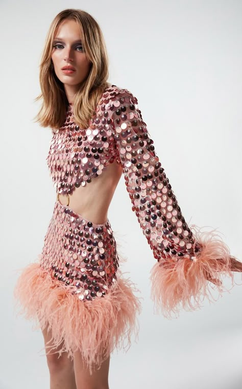 Edie Dress In Rose Pink Sequin With Feathers By New Arrivals | Moda Operandi Eras Outfit, Cutout Mini Dress, Eras Tour Outfit, Looks Party, Feather Trim, Long Sleeve Sequin, Ostrich Feather, Tour Outfits, Mode Inspo