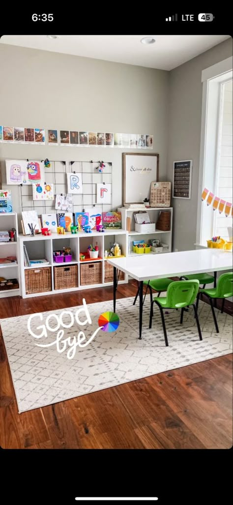 Family Room School Room, At Home School Room Ideas, Home Office Homeschool Room, Simple Homeschool Space, Diy Home School Room Ideas Toddler, Bonus Room Homeschool Ideas, Playroom And Office Combo, Cozy Homeschool Room, Formal Dining Room Turned Homeschool Room