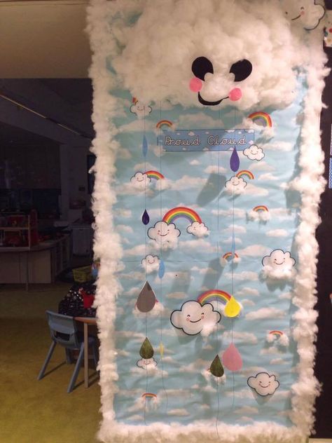 Proud cloud display: Children peg their own work to the raindrops. Nursery Classroom Ideas, Proud Cloud, Year 3 Classroom, Purple Room Ideas, Primary Classroom Displays, Behaviour Display, Cloud Ideas, Turtle Room, Kindergarten Classroom Setup