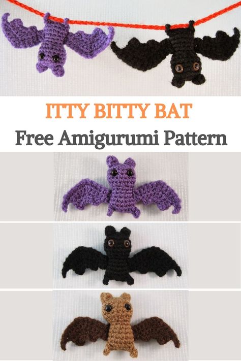 Halloween is nearly upon us, so here is a tiny little bat pattern for you to have fun with. It's quick and simple to make and, depending on the yarn you use, will end up about 2 ”tall with a wingspan of about 5” The feet are actually small loops, so your bat can hang upside down from a small stick or length of yarn or cord. The loops are large enough to fit the crochet hook you are using through so you can use that to pull yarn or cord through.  #urbakicrochet #halloweencrochet #batcrochet Tiny Bat Crochet Pattern, Arugami Bat, Crochet Bat Keychain Free Pattern, Simple Small Crochet Patterns, Small Bat Crochet Pattern, Halloween Crochet Scrunchies, Crochet Bats Halloween, Crochet Bat Earrings, Crochet Bat Keychain