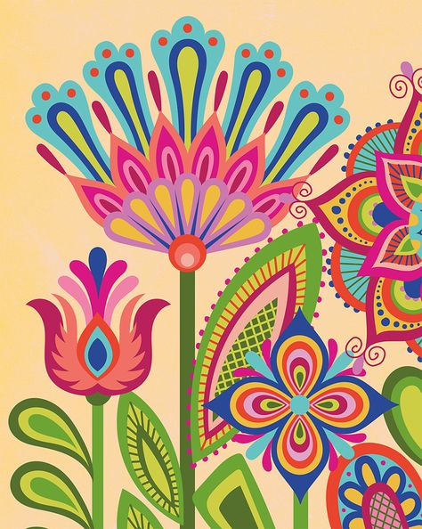 Colorful Pictures To Draw, Whimsical Art Flowers, Colorful Mandala Drawing, Mexican Folk Art Flowers, Folk Art Designs, Mandala Colorful, Folk Print, Whimsical Art Paintings, Cute Garden