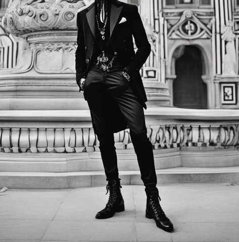 Emo Wedding Suit, Goth Suit Men, Black Outfits Edgy Men, Victorian Goth Men, Goth Suit, Gothic Suit, Goth Male, Black Outfit Edgy, Goth Prom