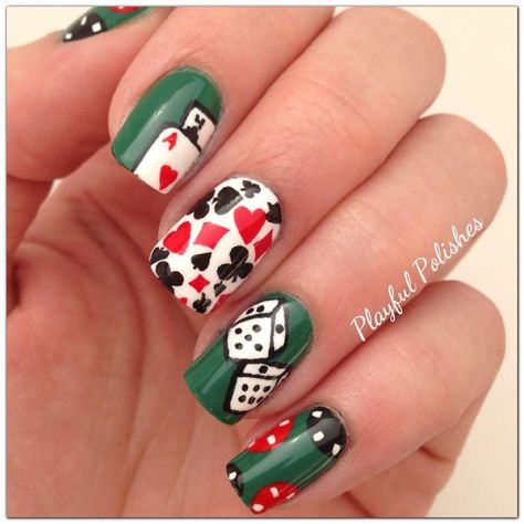 Cards Nails Design, Gambling Nails Art, Playing Cards Nail Design, Gambling Nails, Playing Card Inspired Nails, Casino Nails Designs, Lucky Nails, Vegas Nail Art, Las Vegas Nails