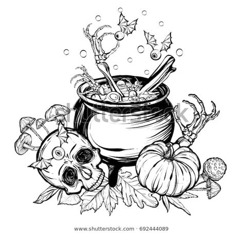 Cauldron Tattoo, Witchs Cauldron, Witch Wallpaper, Fall Canvas Painting, Witch Clipart, Skull Coloring Pages, Owl Coloring Pages, Notebook Drawing, Flame Tattoos