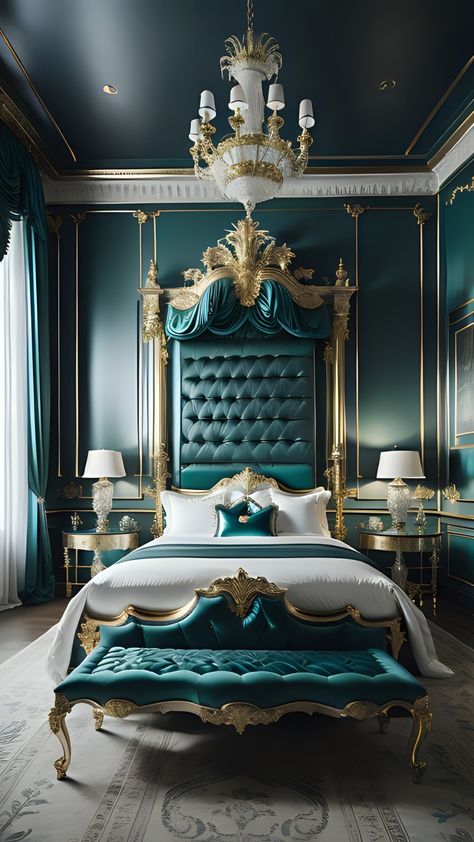 This image showcases an opulent bedroom that exudes classic luxury with a modern twist. The focal point is an ornate bed with plush velvet bedding in rich emerald tones, accented by gold and white. The room is framed by elegant dark green panels and striking wall sconces, all illuminated by a grand chandelier that adds a warm, inviting glow to the sophisticated space. #ModernLiving #HomeDecor #UrbanArt #InteriorDesign #Cityscape #SunsetReflections #ArtInInteriors Royal Luxury Bedroom Design, Dark Teal Bedroom Ideas, Dark Teal Bedroom, Ornate Bed, Teal Bedroom Decor, Dark Green Rooms, Grand Chandelier, Opulent Bedroom, Basement Finish