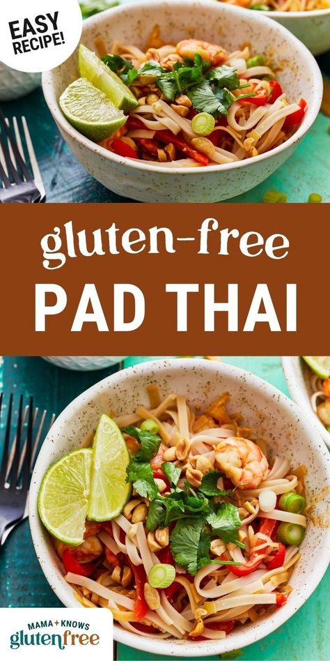 This Gluten Free Vegetarian Pad Thai is a quick, delicious solution to your takeout cravings. Loaded with veggies and topped with peanuts, this homemade dish is ready in 35 minutes! Pop over to my site for this quick and easy gluten free dinner recipe! Mama Knows Gluten Free, Gluten Free Pad Thai, Vegetarian Pad Thai, Gluten Free Recipes For Lunch, Fakeaway Recipes, Gluten Free Dinner Easy, Thai Recipe, Pad Thai Recipe, Gluten Free Banana Bread