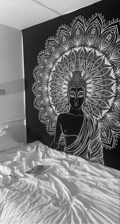 Zen Murals Wall Paintings, Black Wall Drawing Ideas, Zen Wall Art Decor, Buddha Mandala Art Wall Painting, Mandala On Wall Paint, Compound Wall Painting Ideas, Stincel Pattern Design, Mandala Wall Art Bedrooms, Buddha Murals Wall Art