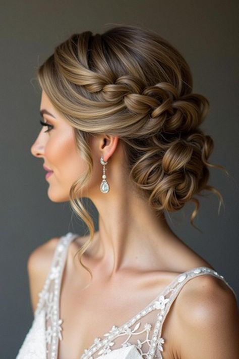 Bridal Hair Side Swept Updo Low Buns, Bride Hairstyles For Long Hair Updo, Hair Updos Elegant, Wedding Hair Inspo Updo, Bridesmaid Hair Messy Updo, Low Bun Face Framing Pieces, Bridal Hair Low Bun Braid, Wedding Buns Hairstyle, Prom Updos For Long Hair Elegant