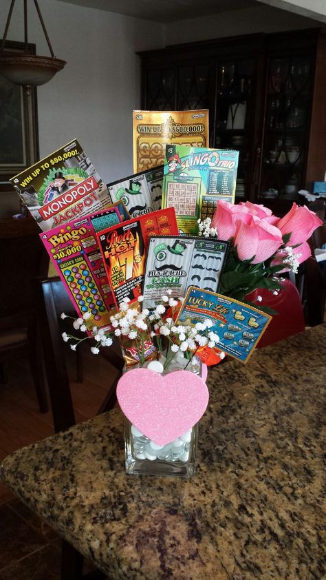 Valentines scratcher bouquet Scratcher Gift Ideas Lottery Tickets, Scratchers Bouquet, Scratchers Bouquet Lottery Tickets, Scratcher Bouquet Lottery Tickets, Scratcher Bouquet, Lottery Ticket Gift, Basket Raffle, Auction Baskets, Raffle Baskets