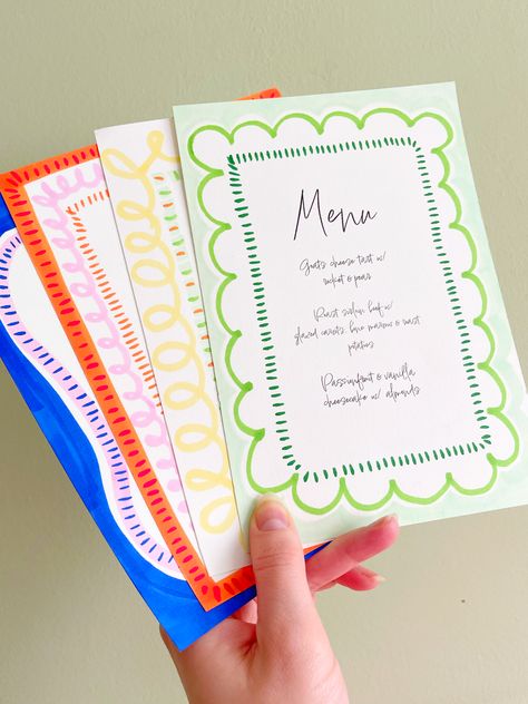 Spring tablescape design inspo. Here's some hand illustrated menu design ideas. Layer different marks to build borders to create these fun Spring inspired menus. Menu Design Ideas, 25th Birthday, Birthday Dinners, Wedding Signage, Menu Cards, Wedding Stationary, Wedding Menu, Menu Design, Design Inspo