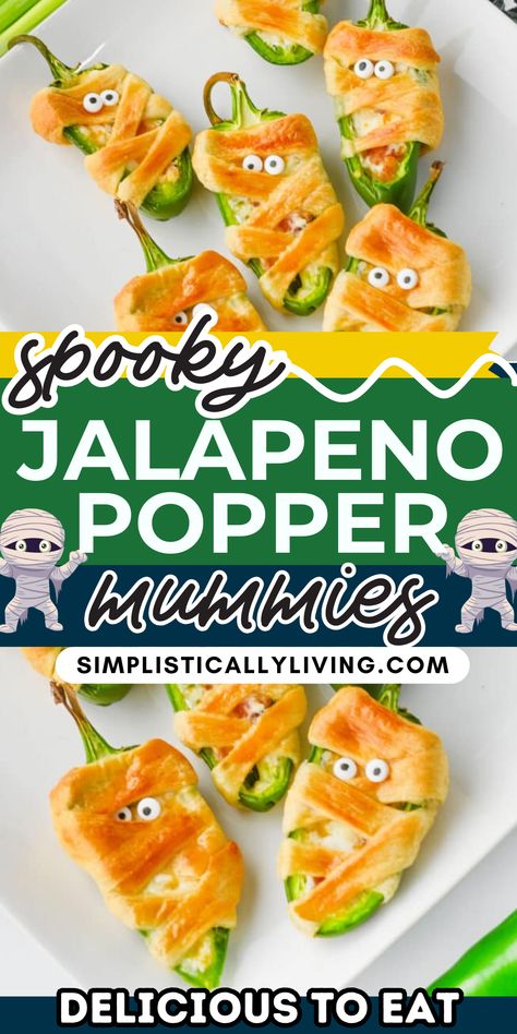 halloween mummy poppers on plate Mummy Jalepeno Popper, Mummy Poppers, Fun Halloween Snacks, Halloween Appetizer, Mummy Recipes, Starbucks Egg Bites, Jalapeno Popper, Halloween Appetizers, Spooky Treats