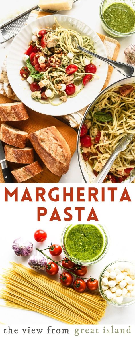 Chicken Margherita Pasta made with rotisserie chicken, juicy tomatoes, fresh pesto, and creamy mozzarella takes less than 30 minutes! Margherita Pasta, Chicken Margherita, Quick Pasta, Favorite Recipes Chicken, Meat Salad, Best Pasta Recipes, Tomato Mozzarella, Pasta Dinners, Yummy Pasta Recipes