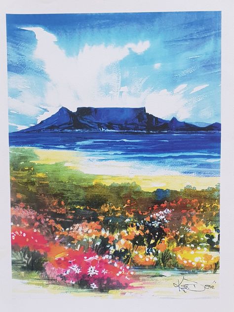 Table Mountain Watercolor, Table Mountain Painting, Table Mountain Art, Table Mountain Drawing, Town Reference, Cape Town Art, Sa Art, Table Mountain Cape Town, Beginners Art