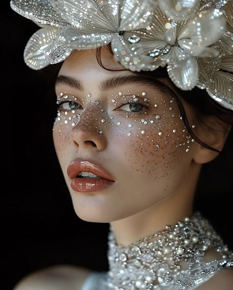 White Makeup Aesthetic Glitter, Vogue Beauty Editorial, Pearl Makeup Photoshoot, Christmas Dress Ideas, Silver Makeup Editorial, Gold Makeup Looks Editorial, Pearl Makeup Looks Editorial, Makeup Christmas, Bad Makeup