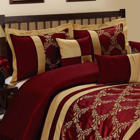 7 Piece Comforter Set Queen- Burgundy and Gold Embroidered Gold Comforter Set, Gold Bedding Sets, Gold Comforter, Gold Bedroom Decor, Unique Decorative Pillows, Gold Bedroom, Coverlet Bedding, Christmas Decorations Bedroom, Bed In A Bag