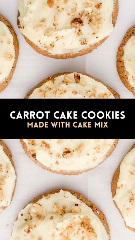 Carrot Cake Cookies Made With Cake Mix Carrot Cake Mix Cookies, Carrot Cake Cookies Recipe, Easy Bake Cake, Cake Box Cookies, 3 Ingredient Cookies, Carrot Cookies, Easy Carrot Cake, Carrot Cake Cookies, Sweet Carrot