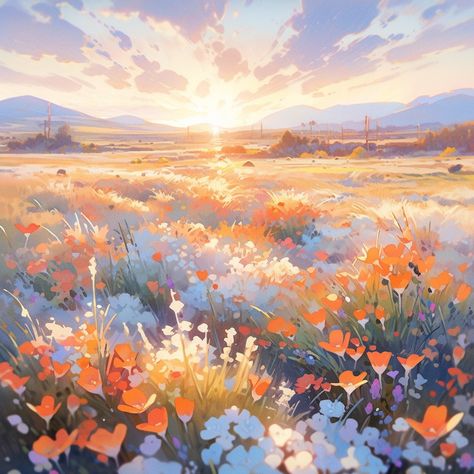 Anime Flowers Background, Anime Field Background, Spring Anime Aesthetic, Flower Field Anime, Anime Backgrounds Landscape, Sunrise Anime, Landscape With Flowers, Ipad Decor, Anime Bg