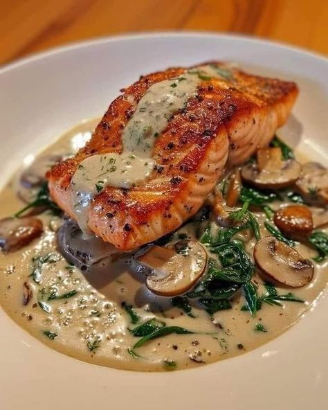 Pan Seared Salmon With Florentine Sauce, Pan Seared Salmon With Creamy Florentine Sauce, Florentine Sauce, Salmon Florentine, Creamy Salmon, Gordon Ramsay Recipe, Main Entrees, Salmon And Shrimp, Foodie Art