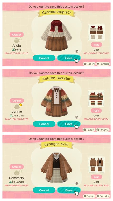 Animal Crossing Clothing Codes Cottagecore, Animal Crossing Design Codes Clothes Cottage Core, Fall Villagers Acnh, Acnh Vintage Clothes Codes, Acnh Dress Design Codes Cottagecore, Acnh Autumn Clothes Codes, Acnh Grandmacore Clothes, Acnh Skirt Design Id, Animal Crossing Autumn Outfits