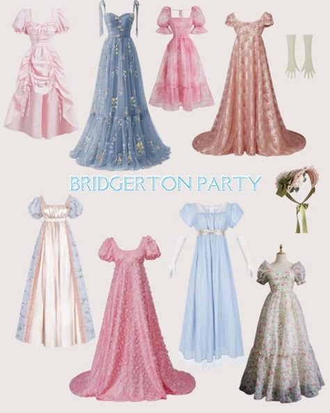 Bridgerton Outfit Inspiration and Style Bridgerton Ball Dresses, Bridgerton Style Dress, Brigentons Outfit, Bridgerton Costumes Halloween, Bridgerton Dresses Inspired Party, Brigerton Dress, Bridgerton Bridesmaid Dresses, Bridgerton Tea Party Outfit, Bridgeton Outfits