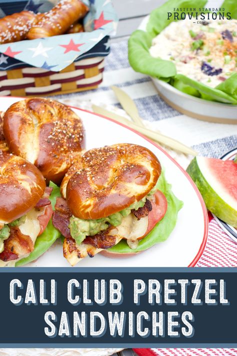 Chicken Sandwich On Pretzel Bun, Pretzel Chicken Sandwich, Sandwiches On Pretzel Buns, Chicken Pretzel Bun Sandwich, Cali Club Sandwich, Pretzel Bun Dinner Ideas, Sandwich On Pretzel Bun, Pretzel Bun Chicken Sandwich, Pretzel Bun Sandwiches