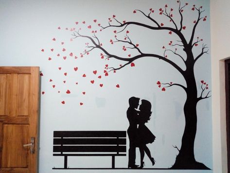 Couple Wall Painting, Bedroom Paintings Canvas, Switchboard Painting, Easy Wall Painting, Balcony Painting, Wall Drawing Ideas, Bride And Groom Silhouette, Full Mehndi, Small House Front Design