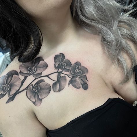 Orchid Flower Tattoos Black And White, Black Orchid Tattoo, Orchid Flower Tattoos, Crystal Tattoo, Aquarius Tattoo, Orchid Tattoo, Black Orchid, Tattoo Cover-up, Feminine Tattoos