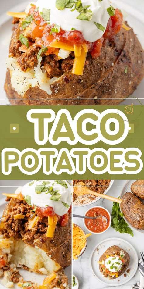 Baked Potato Tacos, Baked Potatoes Fillings, Taco Baked Potato Recipes, Taco Stuffed Baked Potatoes, Mexican Baked Potato, Baked Potatoes Toppings Ideas, Taco Baked Potato, Baked Potato Fillings, Taco Potatoes