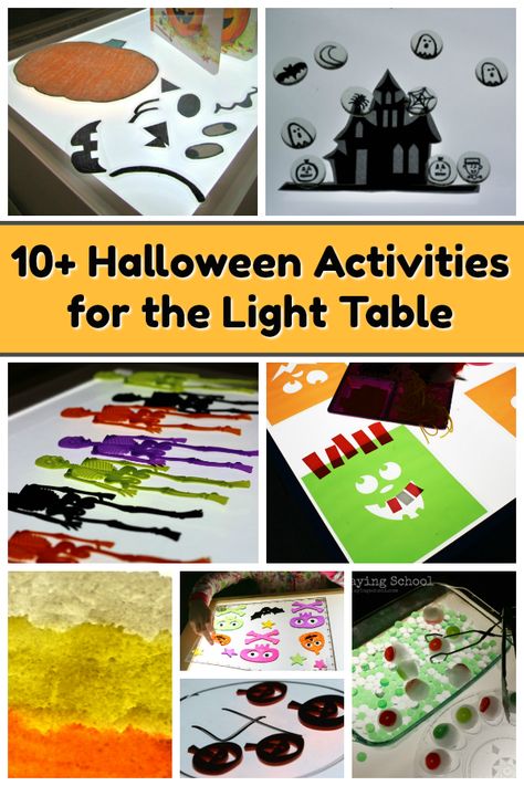 10  fun Halloween light table activities for toddlers and preschoolers! From math and counting to sensory play and more! Lots of hands-on learning with pumpkins, ghosts, and skeletons for your light box! Halloween Activities For Toddlers, Halloween Craft Activities, Halloween Activities Preschool, Fun Halloween Activities, Halloween Themed Activities, Halloween Infantil, Crafts For Toddlers, Halloween Fest, Halloween Games For Kids