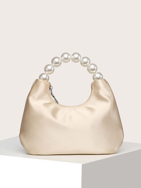 Champagne Glamorous Collar  Satin Plain Ruched Bag Embellished   Women Bags Formal Bags, Elegant Purse, Ruched Bag, Formal Bag, Clothes Business, Bags For Ladies, Sewing Jeans, Silk Bag, Pearl Decor