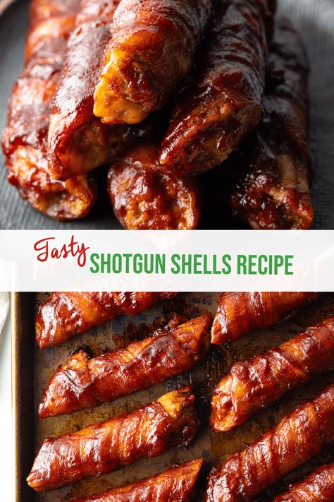 Best Shotgun Shell Recipe - These restaurant-style smoked shotgun shells feature a delicious combo of sausage and cheeses stuffed inside tender manicotti pasta, all wrapped in bacon and doused in barbecue sauce. They're easy to make ahead and great to serve with creamy dipping sauces! | A Spicy Perspective Smoked Manicotti Recipe, Bacon Wrapped Manicotti, Oven Baked Shotgun Shells, Buffalo Chicken Shotgun Shells, Smoked Shotgun Shells Recipe, Shotgun Shells Recipe, Smoked Shotgun Shells, Sausage Stuffed Shells, Bacon Wrapped Sausages