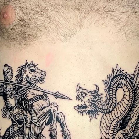 Dragon Knight Tattoo, Medieval Knight Tattoo, Medieval Dragon Tattoo, Knight Tattoo Design, Medieval Tattoos, Est. Tattoo, Knight And Dragon, Medieval Woodcut, Two Worlds Collide