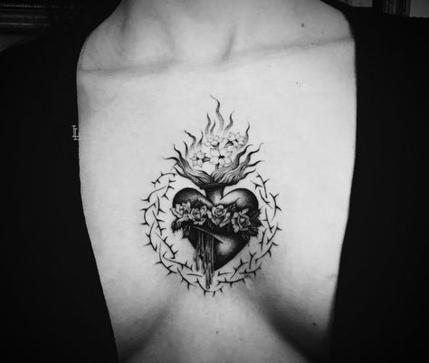 Sacred Heart Tattoo Chest Woman, Realistic Heart Tattoo On Chest, Mary Heart Tattoo, Mexican Cultural Tattoos, Corazon Sagrado Tattoo, Sacred Heart Sternum Tattoo, Small Sacred Heart Tattoo, Sacred Heart Tattoo Women, Sacred Heart Tattoo Mexican