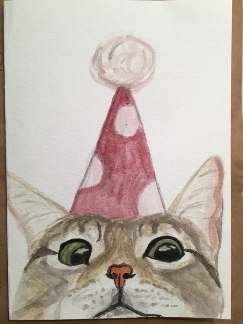 Sister Birthday Card Watercolor, Watercolor Paintings For Birthday Cards, Cat Birthday Card Watercolor, Cat Drawing Birthday Card, Cat Card Ideas Birthday, Holiday Card Drawing Ideas, Bday Card Drawing, Drawing Ideas For Birthday Gift, Birthday Card Ideas With Cats