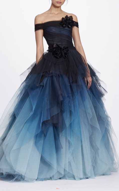 Marchesa  Off The Shoulder Ball Gown  $12,995 Off The Shoulder Ball Gown Prom, Long Ball Gown Dresses, Blue Ombre Prom Dress, Black And Blue Ball Gown, British Gowns, Modest Ball Gowns, Ombre Dresses, Navy Blue Ball Gown, Blue Gowns