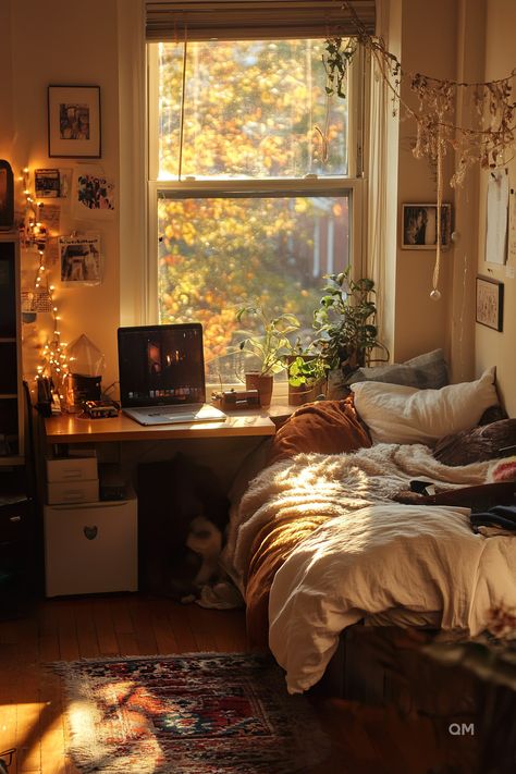 Cozy dorm room with a bed, aesthetic lighting, and plants by the window. Ideal for DIY decor on a budget and featuring a colorful dorm room rug. Aesthetic Bedroom Small Room, Bedroom Ideas Fall Colors, Cute Dorm Room Aesthetic, College Dorm Room Ideas Dark Academia, Cozy Cool Bedroom, Comfort Home Aesthetic, Things To Decorate Your Room With, Organize Room Aesthetic, Dorm Room Color Ideas