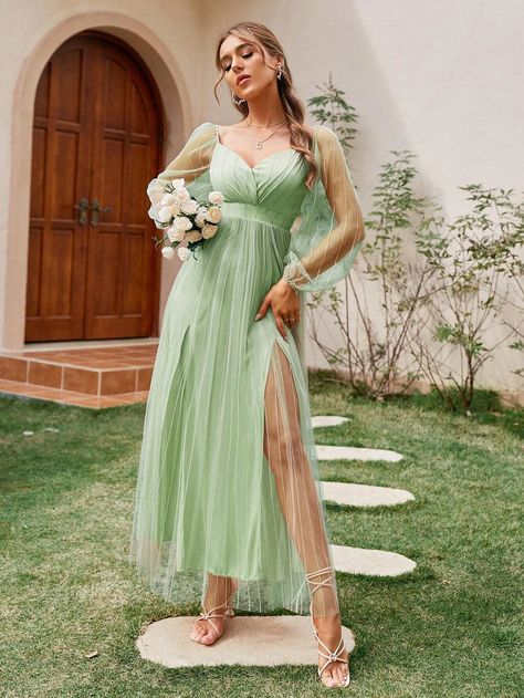 Simplee Lantern Sleeve Split Thigh Mesh Dress | SHEIN USA Vestidos Color Pastel, Green Dress Outfit, Teal Bridesmaid Dresses, Light Green Dress, Long Green Dress, Mint Green Dress, Mint Dress, Lantern Sleeve Dress, Sweet 16 Dresses