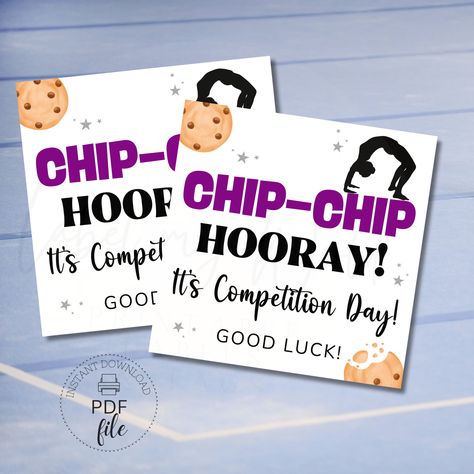 "Thank you for stopping by! \"Chip Chip Hooray! It's Competition Day! Good Luck!\" gift tags perfect for Gymnastics team gifts, treats, and more. You will get 1 PDF file with your purchase. The file is available for immediate download once the payment is confirmed. Just click the download button on your Etsy Purchases page. You will also get a download notification email. You can't download a digital purchase through the Etsy app at this time. To download a digital file, please sign in to Etsy on your mobile browser or computer. ------------------------------------ ABOUT THIS LISTING ------------------------------------ ★ Printable Digital Download. ★ High Quality 300 dpi resolution file. ★ Print on card-stock, cut out with scissors. Attach to your gifts. ★ The PDF File is letter size (8.5 Cheer Competition Gifts Good Luck, Good Luck Gift Ideas For Sports, Good Luck Party Ideas, Cheerleading Good Luck Gifts, Team Craft Ideas, Good Luck Dance Competition Gifts, Diy Good Luck Gifts, Gymnastics Good Luck Gifts, Gymnastics Team Gifts