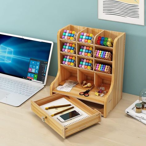 Updated Wooden Pen Organizer with Drawer, DIY Pencil Holder Desk Tidy Caddy Office Stationery Desktop Art Supply Organizer for Home Office Supplies（JB11 Cherry Color） Multifunctional School Organizer With Pen Holders, Wood Pencil Holder For Desk, Multicolor Rectangular Organizers With Pen Holders, Multicolor Pen Holders Stationery, School Supply Storage, Brown Rectangular Organizers With Pen Slots, Diy Pencil Holder, Stationary Storage, Wooden Pen Holder