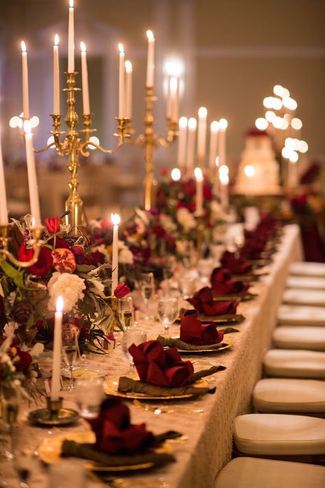 Candelabra Dinner Table, Red Wedding Theme Romantic Table Decor, Candlebra Wedding, Velvet Red Wedding, Fancy Wedding Ideas, Candleabras Wedding, Red Wedding Theme Romantic, Elegant Wedding Reception Ideas, Candle Opera