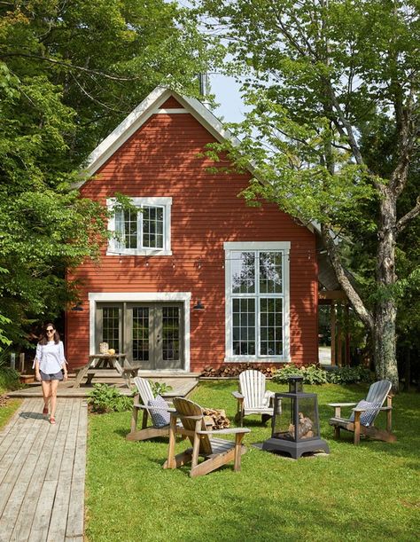 Fire Features, Red House, Ship Lap Walls, Outdoor Fire, Cottage Homes, House Inspo, Summer House, Future House, Outdoor Seating