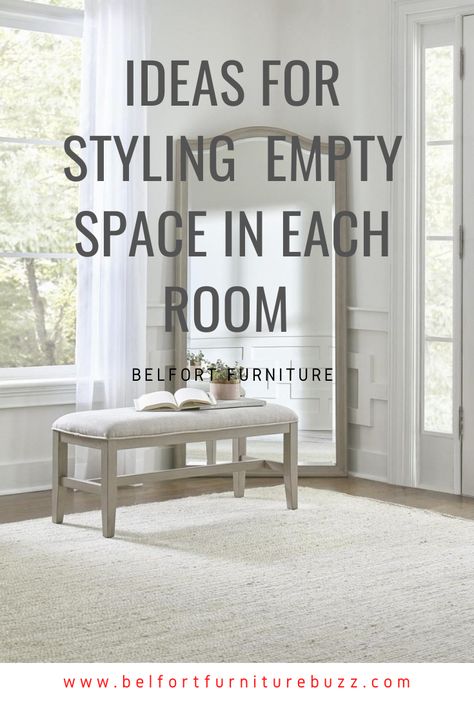 Looking for ideas to fill your spacious room with furniture? You don’t have to settle for an empty room! There is always unique, stylish and functional furniture to fill the empty space in any room in your home. The key is using furniture placement to make your room look complete, but not cluttered! Here are some of our ideas for filling the empty space in your living room, bedroom, home office and dining room! #designtips #bedroomideas #livingroomideas #diningroomideas How To Fill Empty Space In Bedroom, Bedroom Empty Space Ideas, Space Fillers Living Room, Fill Empty Space In Living Room, Empty Living Room Space, How To Fill Empty Space In Living Room, Empty Space In Bedroom, Living Room Space Filler, Dead Space Ideas Living Room