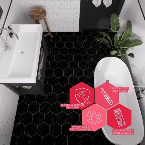 BaseCore HEX Hexagon Vinyl Flooring Black Marble 5.75" DIY Self Adhesive Textured Modern Floor Tile Peel & Stick Tile (36pcs/21.5sqft per case) Vinyl Tile Flooring Peel And Stick, Peel And Stick Bathroom Floor, Hexagon Vinyl Flooring, Peel And Stick Vinyl Flooring, Black Hexagon Tile, Modern Floor Tiles, Black Tile Bathrooms, Moody Bathroom, Peel Stick Tile