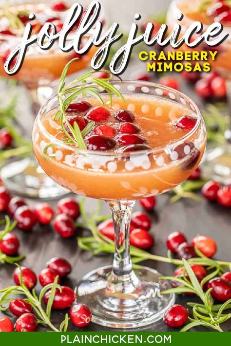 Jolly Juice - cranberry and orange mimosas. Only 3 ingredients! Great for parties and brunch. We love to make a batch for Christmas morning! Cranberry juice, orange juice concentrate, and champagne or prosecco. SO light and refreshing. Garnish the drinks with frozen cranberries and fresh rosemary sprigs. #mimosa #champagne #cocktail #christmas Spice Tea Mix, Cranberry Mimosas, Mimosa Champagne, Prosecco Drinks, Cranberry Mimosa, Eggs Cheese Breakfast, Morning Cocktail, Cocktail Christmas, Coffee Milkshake